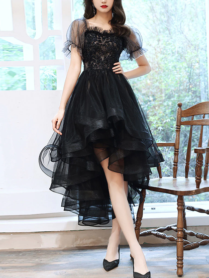 Vestido de fiesta de tul con escote corazón y encaje, corte asimétrico, color negro, para regreso a casa Y5689