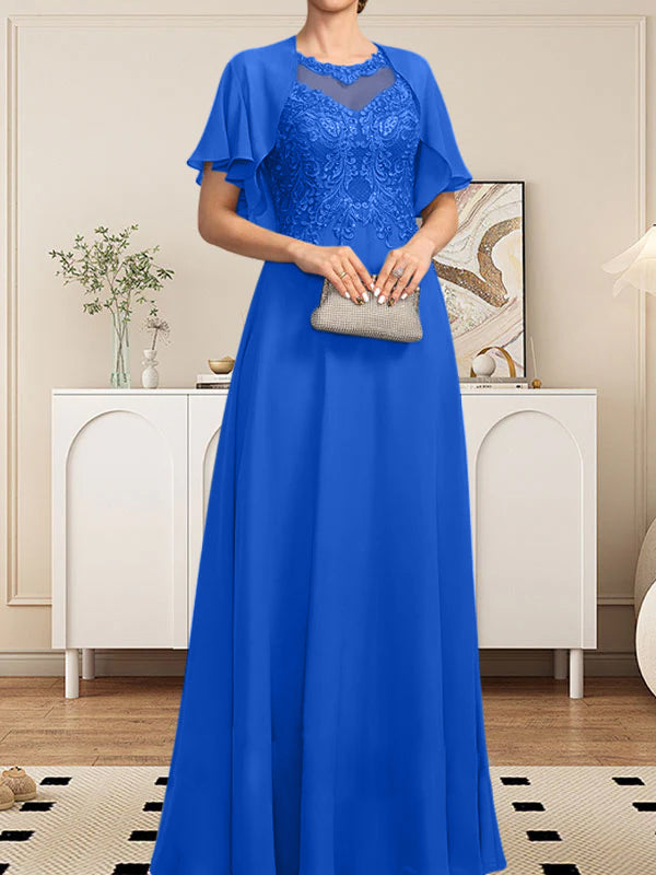 Vestido de gasa con encaje y lentejuelas para madre de la novia, corte A, escote ilusión, largo hasta el suelo
