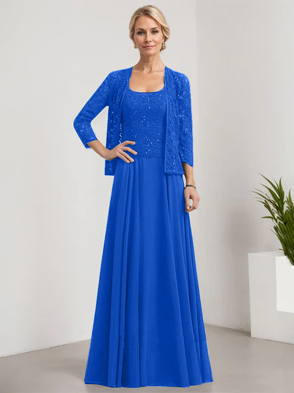 Vestido de madre de la novia de gasa con encaje, corte A, largo hasta el suelo, cuadrado y lentejuelas