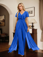 Vestido de noche de gasa con escote en V y largo hasta el suelo, tipo mono/pantalón