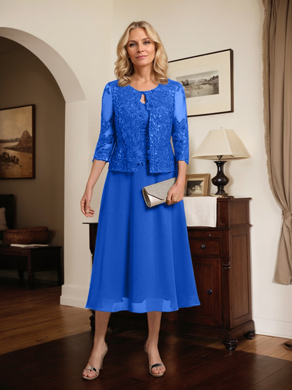 Vestido de gasa con encaje y lentejuelas para madre de la novia, corte A, escote redondo y largo hasta la rodilla