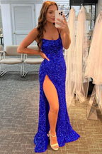 Glitzer Pailletten Ballkleider High Slit Abendkleid Königsblau Abendkleid Y75