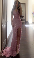 Lujoso vestido de noche estilo sirena con plumas, encaje y lentejuelas rosas, vestido de fiesta con abertura Y7872