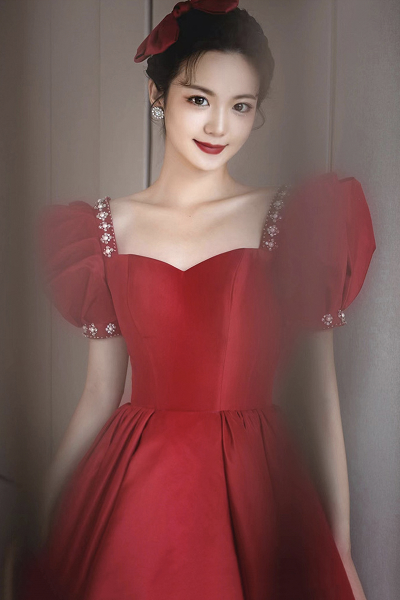 Burgundy satin long prom dress A line evening dress Y1169