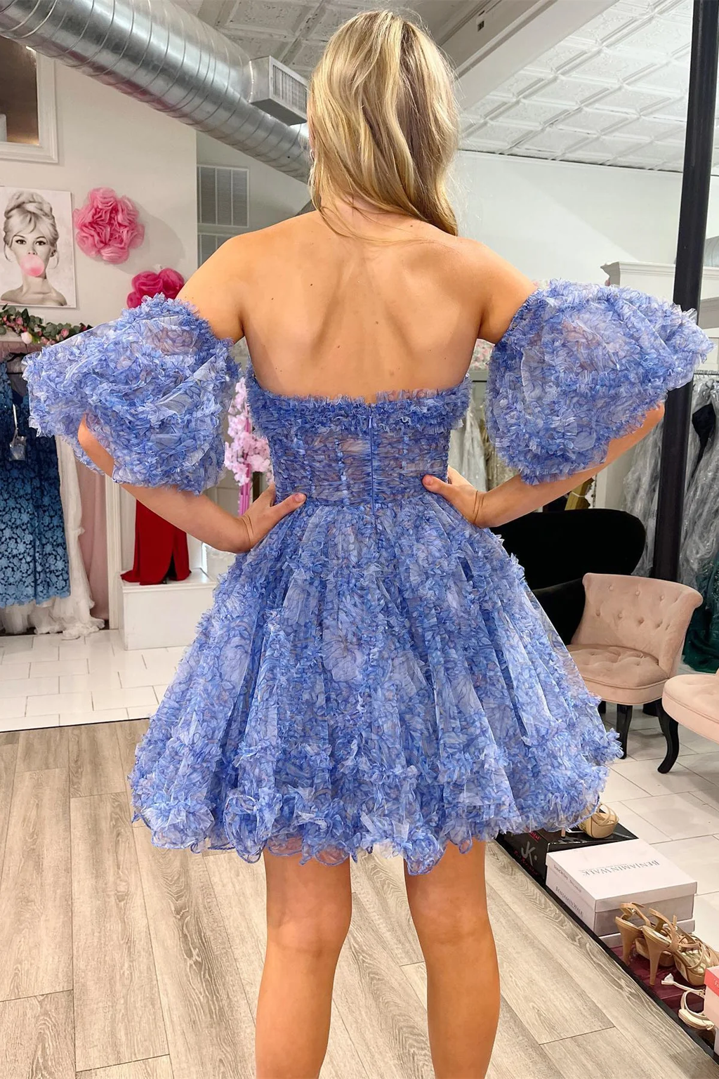 Blaues A-Linien-Heimkehrkleid mit Puffärmeln und Rüschen Y2714