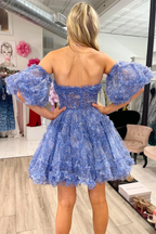 Blaues A-Linien-Heimkehrkleid mit Puffärmeln und Rüschen Y2714