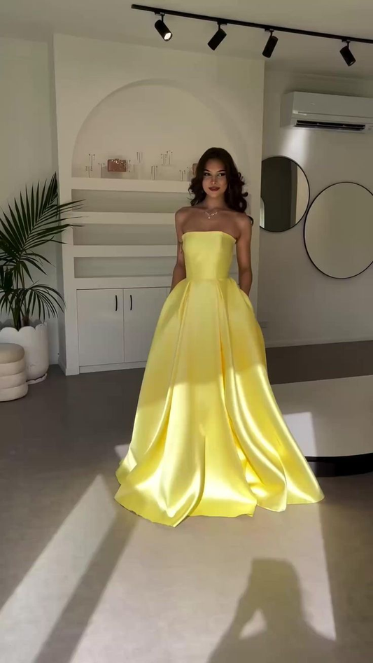 Elegante vestido de fiesta de satén amarillo sin tirantes, corte A, largo, de noche, con bolsillos Y8469