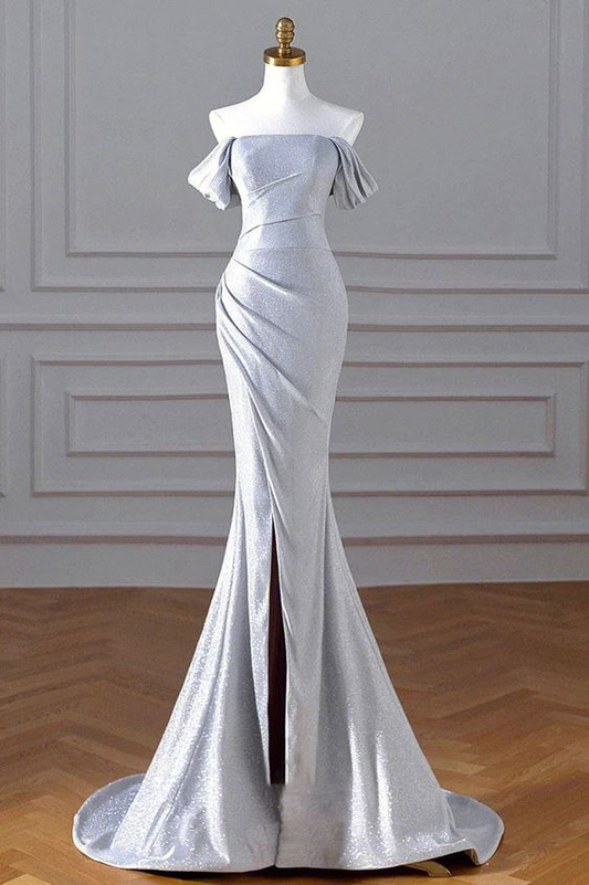 Glitzerndes Meerjungfrau-Ballkleid mit silbernen Pailletten, schulterfrei, Abendkleid mit Schlitz, Y5233