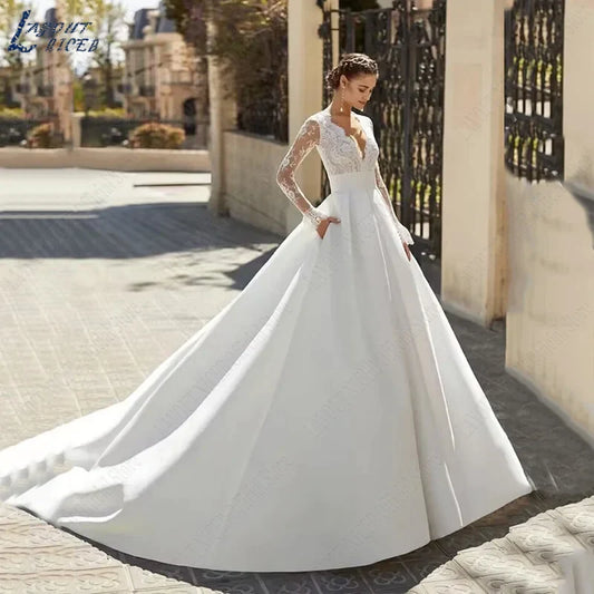 Elegant Wedding Dresses For Woman Vestidos De Novia V Neck Lace Long Sleeves Satin Bridal Gown Illusion Back Bride-payinti