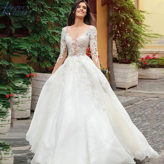 Graceful Wedding Dresses Bobo Illusion Long Sleeves Women Appliqued Lace Bridal Gowns Sexy Tulle فستان حفلات الزفاف-payinti