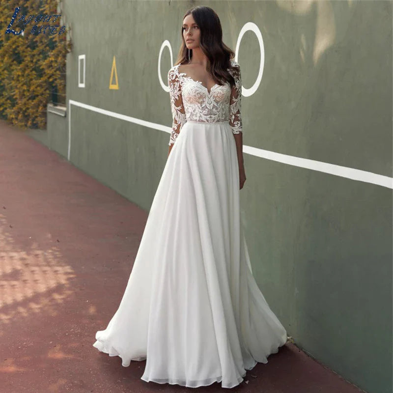 Lace Wedding Dresses Women Chiffon Boho Appliques Bridal Gowns Half Sleeve Beach Vestidos De Novia Casamento Civil-payinti