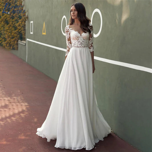 Lace Wedding Dresses Women Chiffon Boho Appliques Bridal Gowns Half Sleeve Beach Vestidos De Novia Casamento Civil-payinti