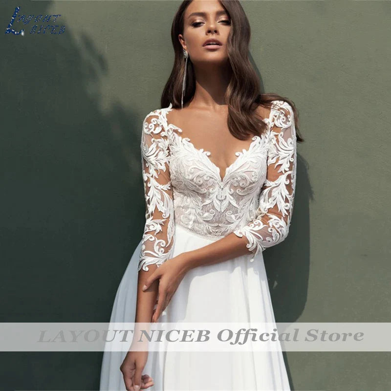 Lace Wedding Dresses Women Chiffon Boho Appliques Bridal Gowns Half Sleeve Beach Vestidos De Novia Casamento Civil-payinti