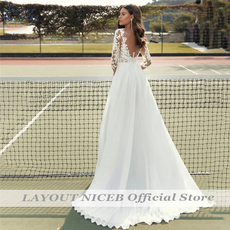 Lace Wedding Dresses Women Chiffon Boho Appliques Bridal Gowns Half Sleeve Beach Vestidos De Novia Casamento Civil-payinti