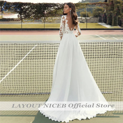Lace Wedding Dresses Women Chiffon Boho Appliques Bridal Gowns Half Sleeve Beach Vestidos De Novia Casamento Civil-payinti