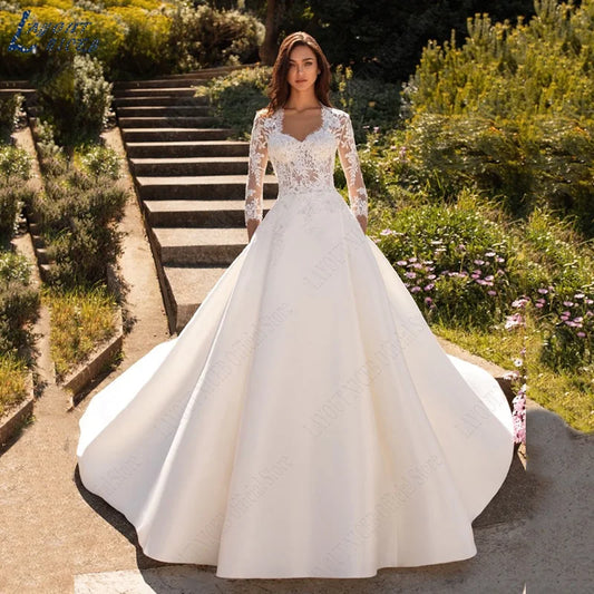 Wedding Dresses For Woman Lace Half Sleeves Luxury Satin Bridal Gown Illusion Appliqued Bride Vestidos De Boda 2023-payinti