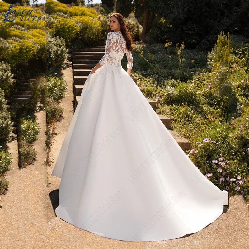 Wedding Dresses For Woman Lace Half Sleeves Luxury Satin Bridal Gown Illusion Appliqued Bride Vestidos De Boda 2023-payinti