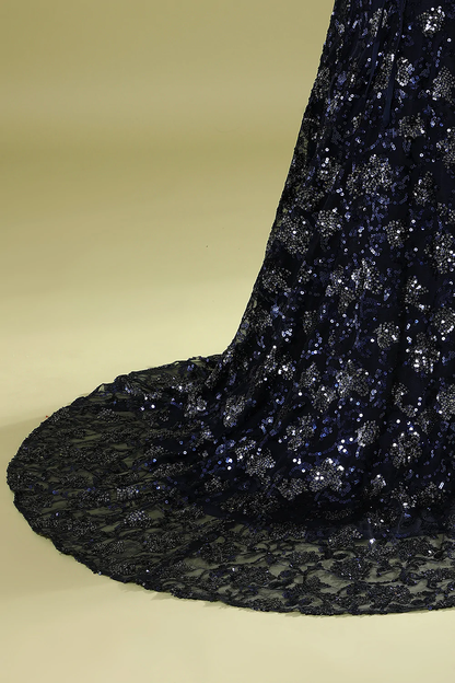Marineblaues Abendkleid mit Perlen und Pailletten, schickes Ballkleid Y1832