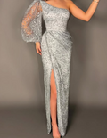 Sexy Silbergrau One-Shoulder Pailletten Etuikleid Langes Ballkleid Schlitz Abendkleid Y8529
