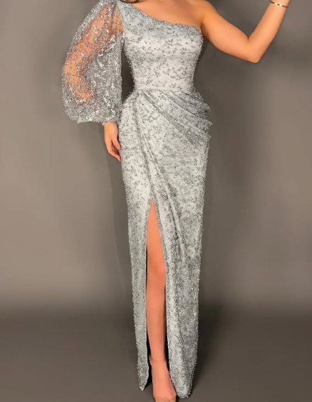 Sexy Silbergrau One-Shoulder Pailletten Etuikleid Langes Ballkleid Schlitz Abendkleid Y8529