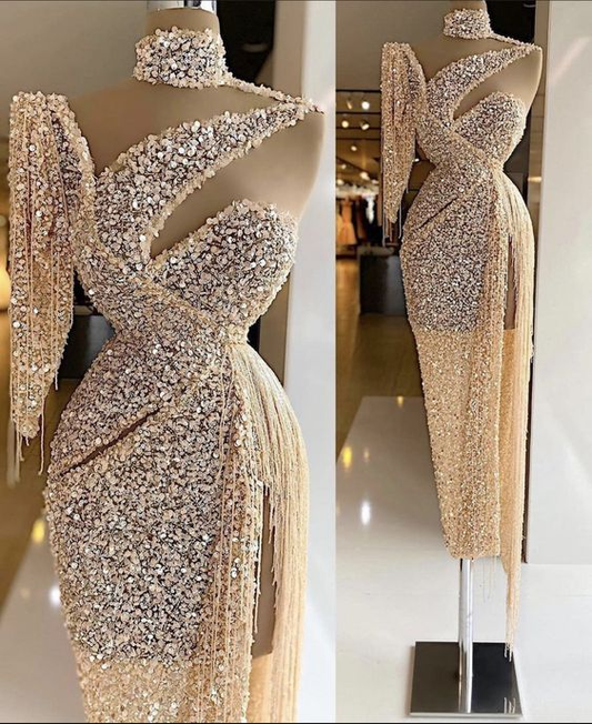 Funkelndes Pailletten-Abendkleid mit Seitenschlitz, Ballkleid mit einer Schulter und Quasten, nach Maß Y6411