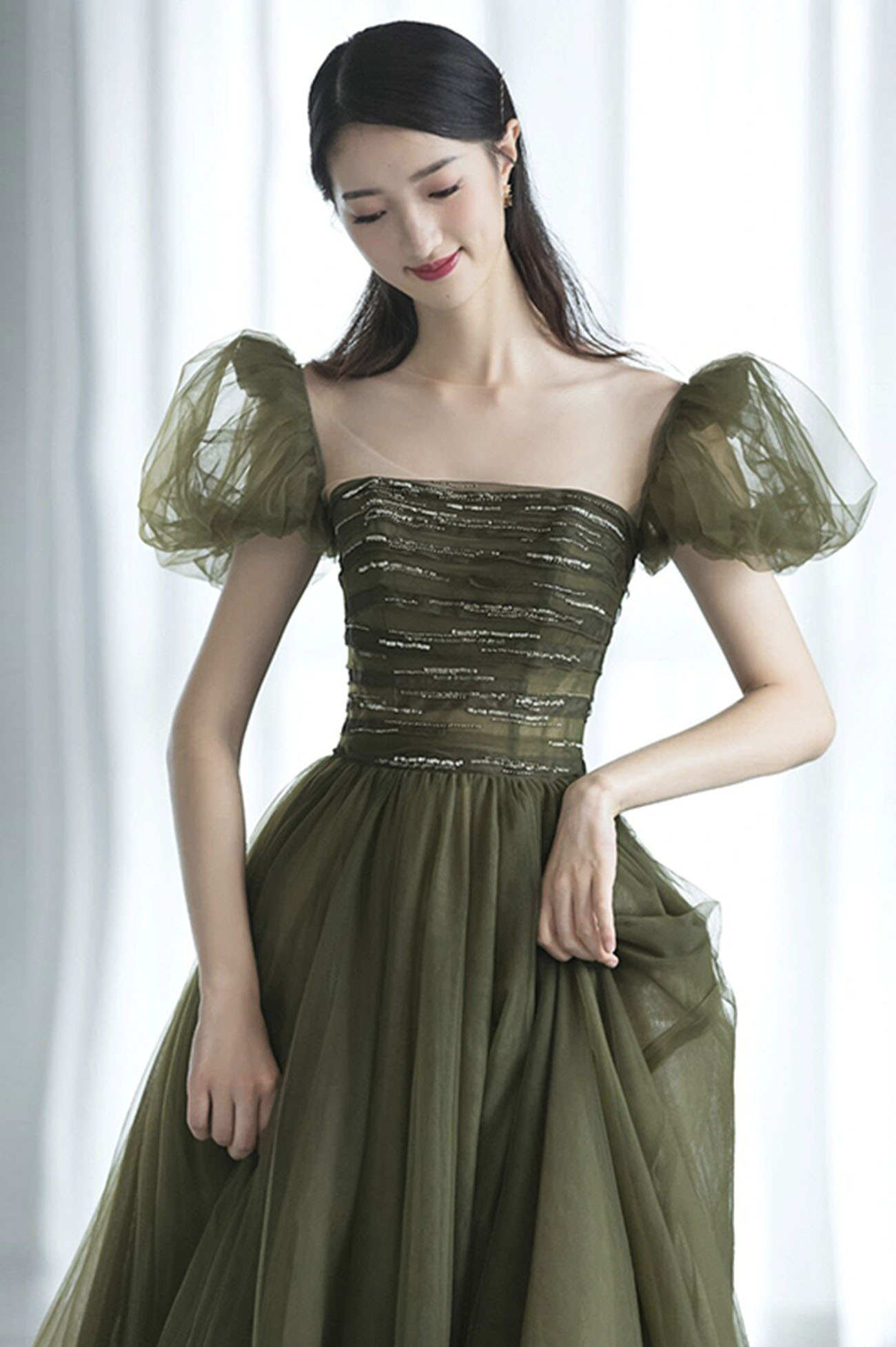 Vestido largo de fiesta de tul verde, vestido de noche verde Y623