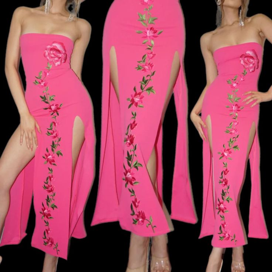 Vestido de fiesta rosa sin tirantes, sexy, con abertura, vestido formal de noche Y8473
