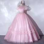 Wunderschöne rosa Quinceanera-Kleider, luxuriöse Puffärmel, klassisches Plissee-Partykleid, Reißverschluss hinten, Ballkleid Y2588