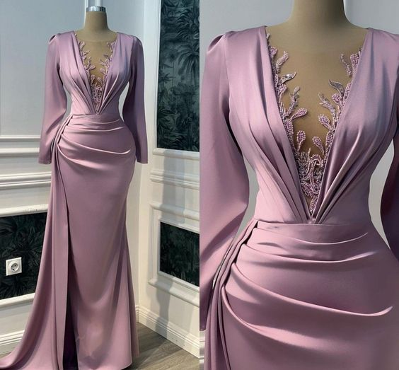 Vintage Lila Ballkleid Langarm Illusion V-Ausschnitt Meerjungfrau Abendkleid Bodenlang Y6647