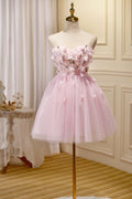 Lindos vestidos cortos de fiesta de tul con apliques de corazón y sin tirantes en color rosa