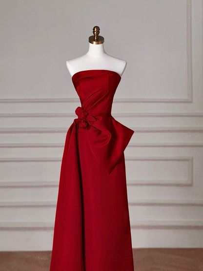 Elegante vestido de fiesta de satén rojo sin tirantes, corte A, vestido de noche formal Y8624