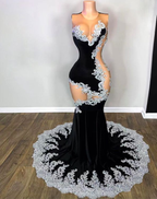 Vestidos de fiesta negros, vestidos formales sexys, vestidos de noche con apliques de encaje, vestidos para ocasiones formales Y5988