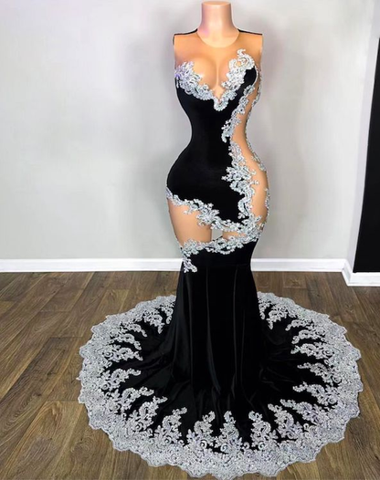 Vestidos de fiesta negros, vestidos formales sexys, vestidos de noche con apliques de encaje, vestidos para ocasiones formales Y5988