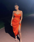 Vestido de noche elegante con tirantes finos en color naranja, vestido de fiesta naranja Y6354