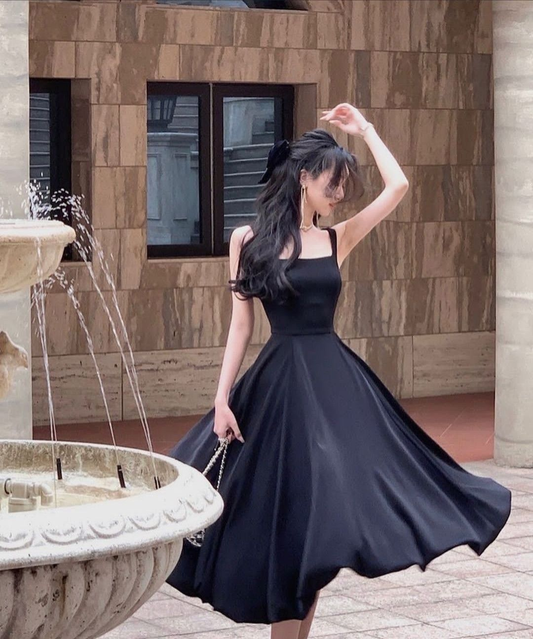 Schlichtes schwarzes Partykleid in A-Linie, schwarzes Homecoming-Kleid Y4751