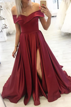 Vestido de fiesta largo sencillo color burdeos con hombros descubiertos, vestido de noche color burdeos Y253