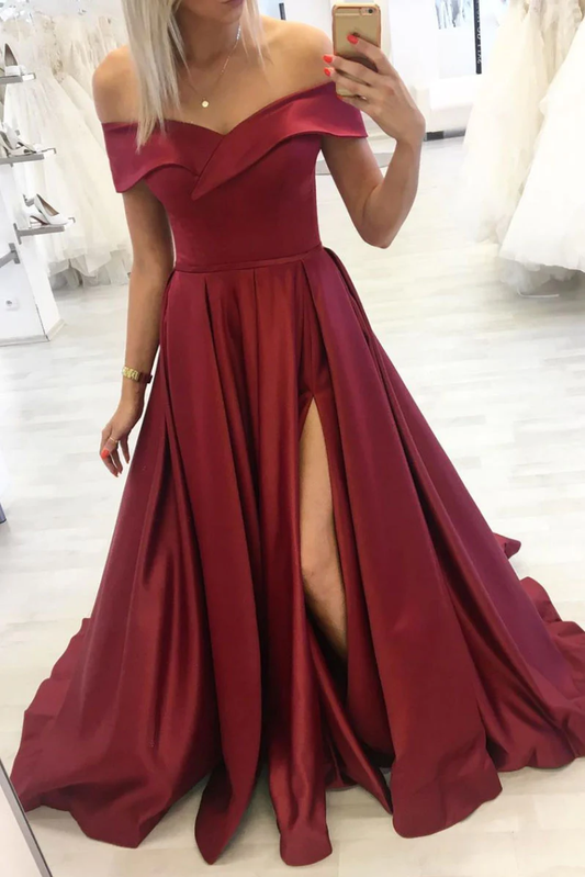 Vestido de fiesta largo sencillo color burdeos con hombros descubiertos, vestido de noche color burdeos Y253