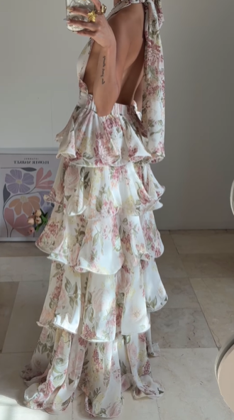Vestido de fiesta glamuroso de gasa con estampado floral, corte A, espalda descubierta, escote en V, vestido de noche con capas Y8501