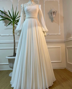 Muslimisches Hochzeitskleid mit langen Ärmeln und Perlen, Chiffon-Applikationen, lange, plissierte Brautkleider Y6727