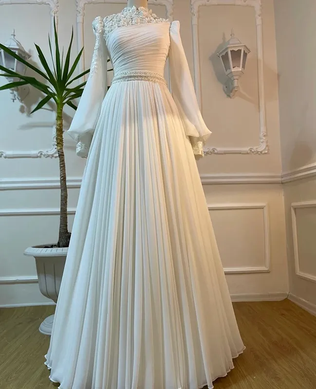 Muslimisches Hochzeitskleid mit langen Ärmeln und Perlen, Chiffon-Applikationen, lange, plissierte Brautkleider Y6727