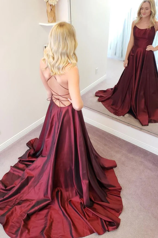 Vestido de fiesta largo de satén burdeos con tirantes finos, corte en A, espalda descubierta, vestido formal de noche burdeos Y224