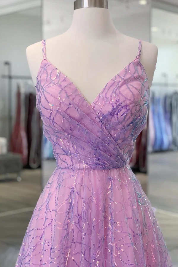 Glänzendes, rückenfreies, langes, lila Ballkleid mit V-Ausschnitt, rückenfreies, lila Abendkleid für den Abschluss Y917