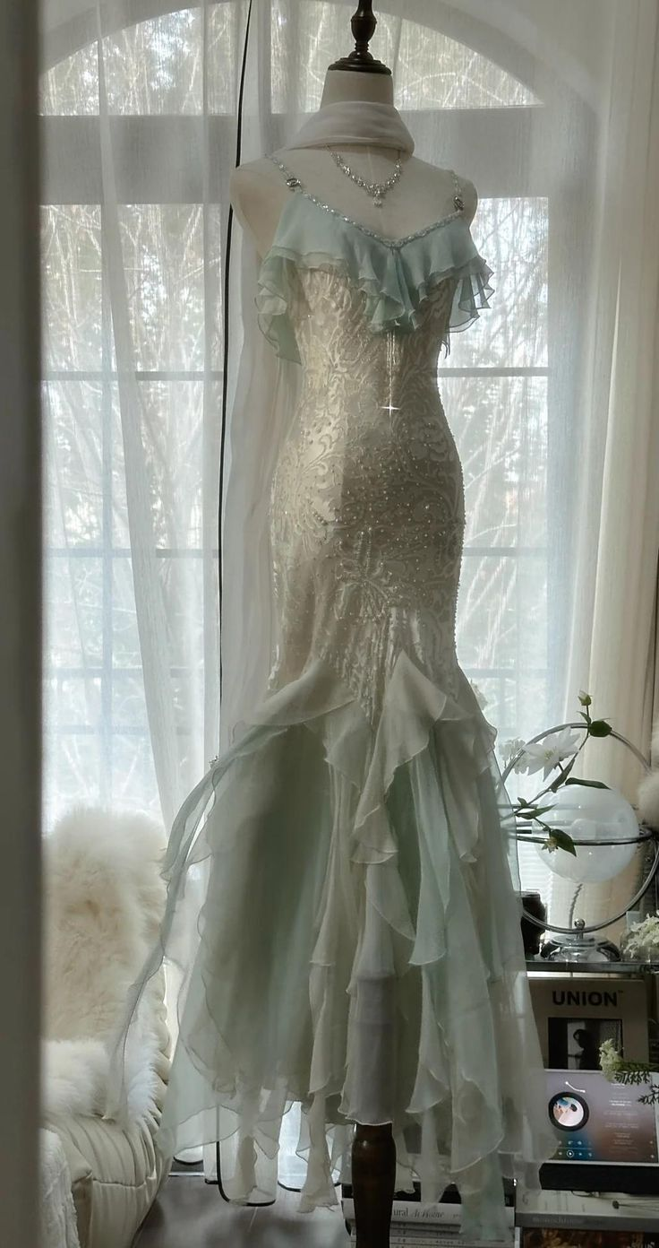 Vestido de noche elegante de gasa con cuentas y tirantes finos, estilo sirena, color verde menta, vestido formal de fiesta Y8546