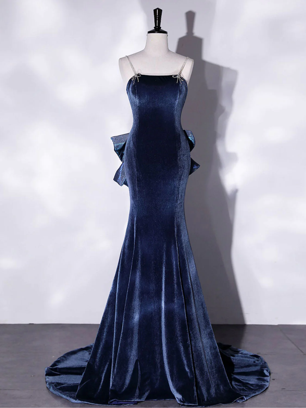 Vestido de fiesta largo de terciopelo azul con corte sirena, vestido de noche largo de terciopelo azul Y4387