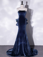 Vestido de fiesta largo de terciopelo azul con corte sirena, vestido de noche largo de terciopelo azul Y4387