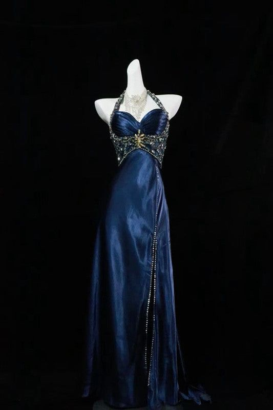 Luxuriöses Abendkleid in Marineblau mit Perlen und Schlitz, formelles Ballkleid Y7723