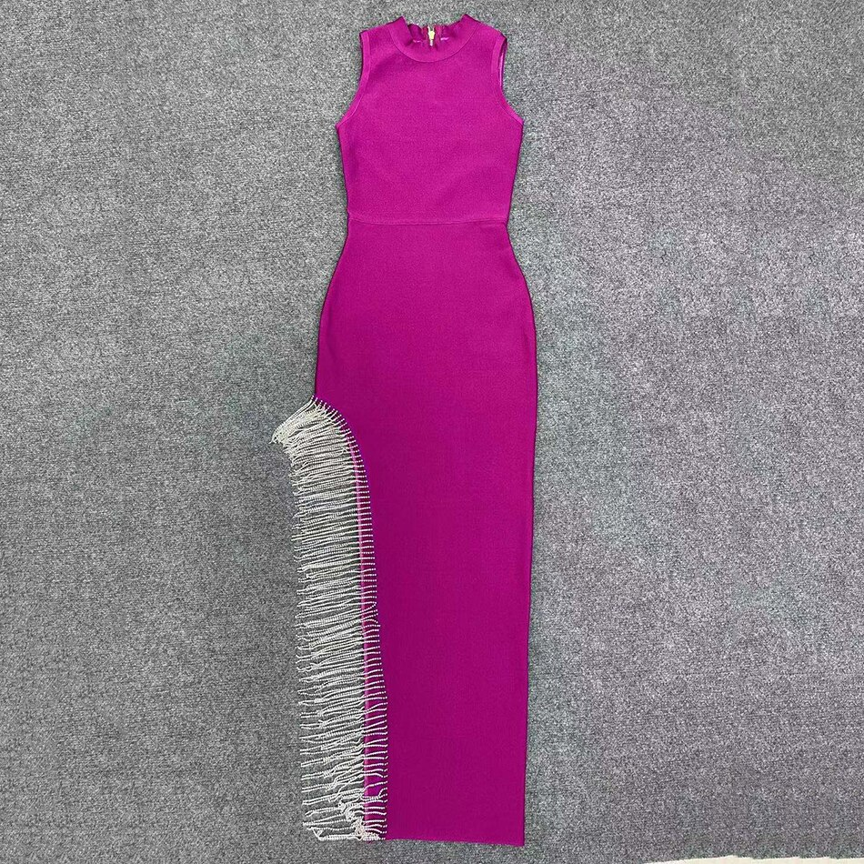 Vestido de noche largo y elegante con flecos y aberturas brillantes para mujer Y407