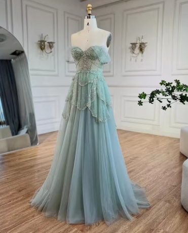 Sage Green A-Line Off The Shoulder Tulle Beaded Evening Dress Formal Prom Dress Y8157