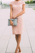 Elegantes vestidos de fiesta cortos con mangas cortas y encaje hasta la rodilla en color rosa 