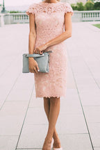 Elegantes vestidos de fiesta cortos con mangas cortas y encaje hasta la rodilla en color rosa 